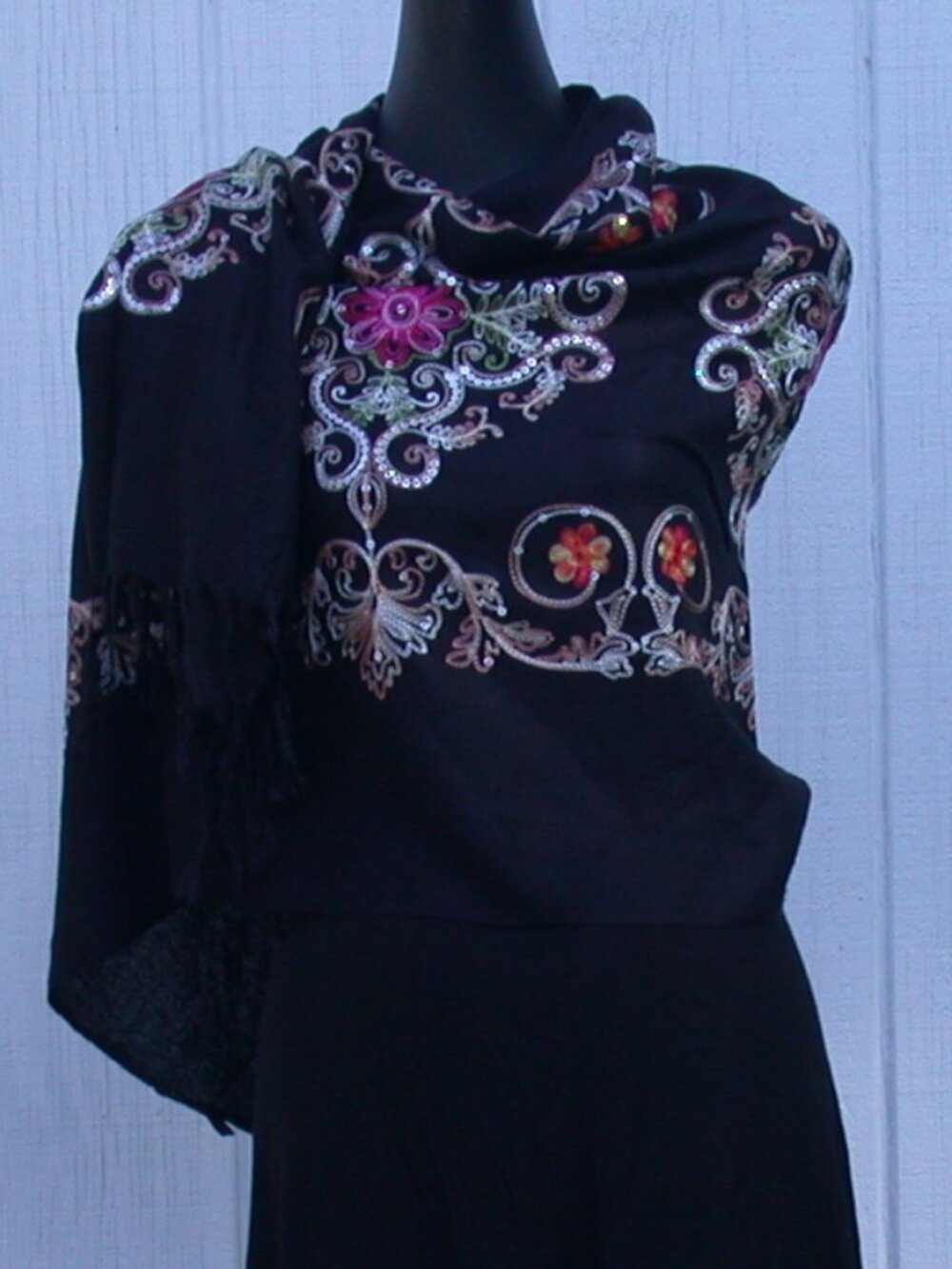 Ebony Black Embroidered Floral Print Fashion Shawl 26 x 70 Hijab Scarves